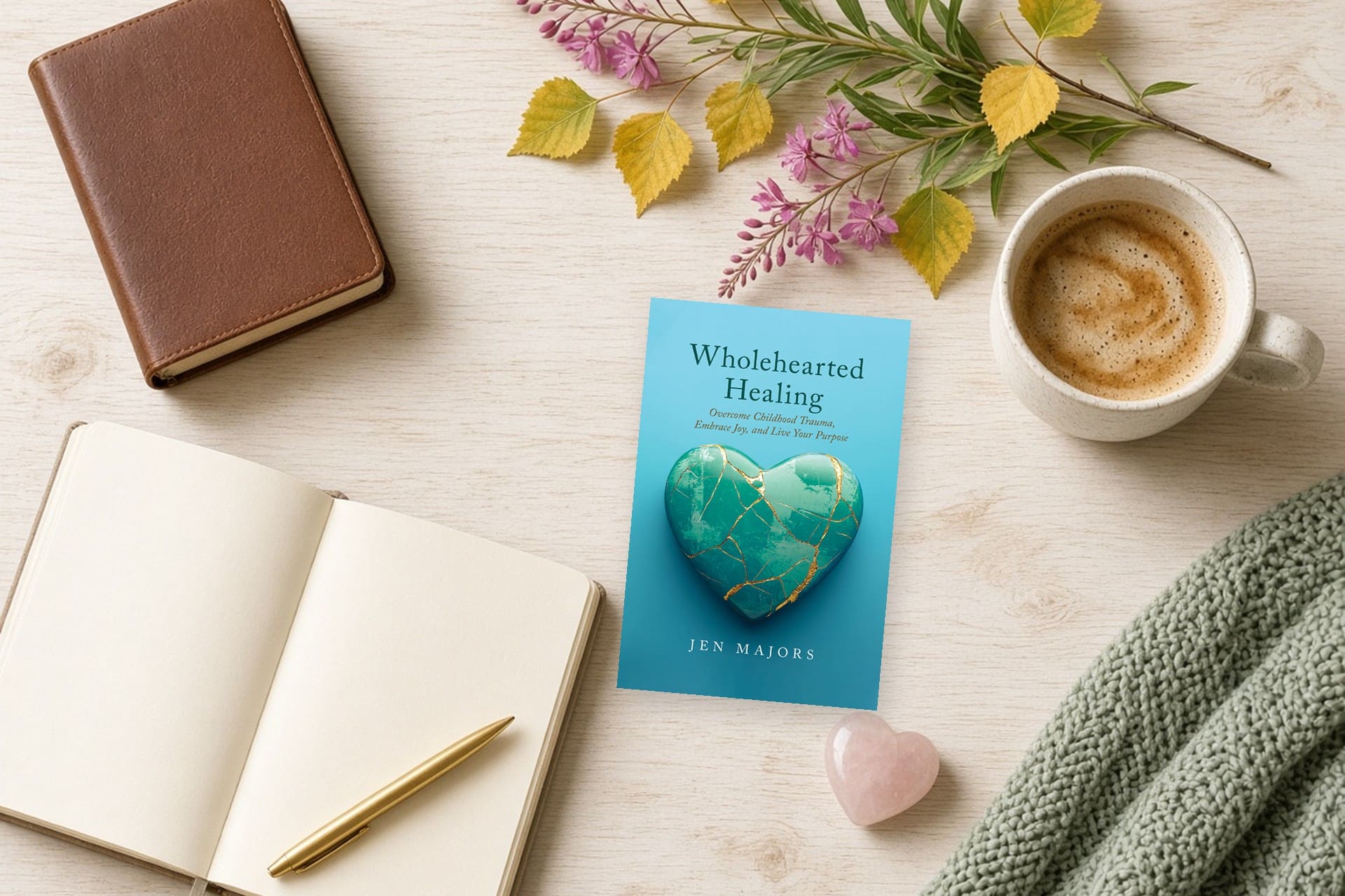 Flat-lay of Wholehearted Healing by Jen Majors on a light wood table with a leather Bible, an open journal and gold pen, a cup of coffee, pink fireweed, and golden birch leaves