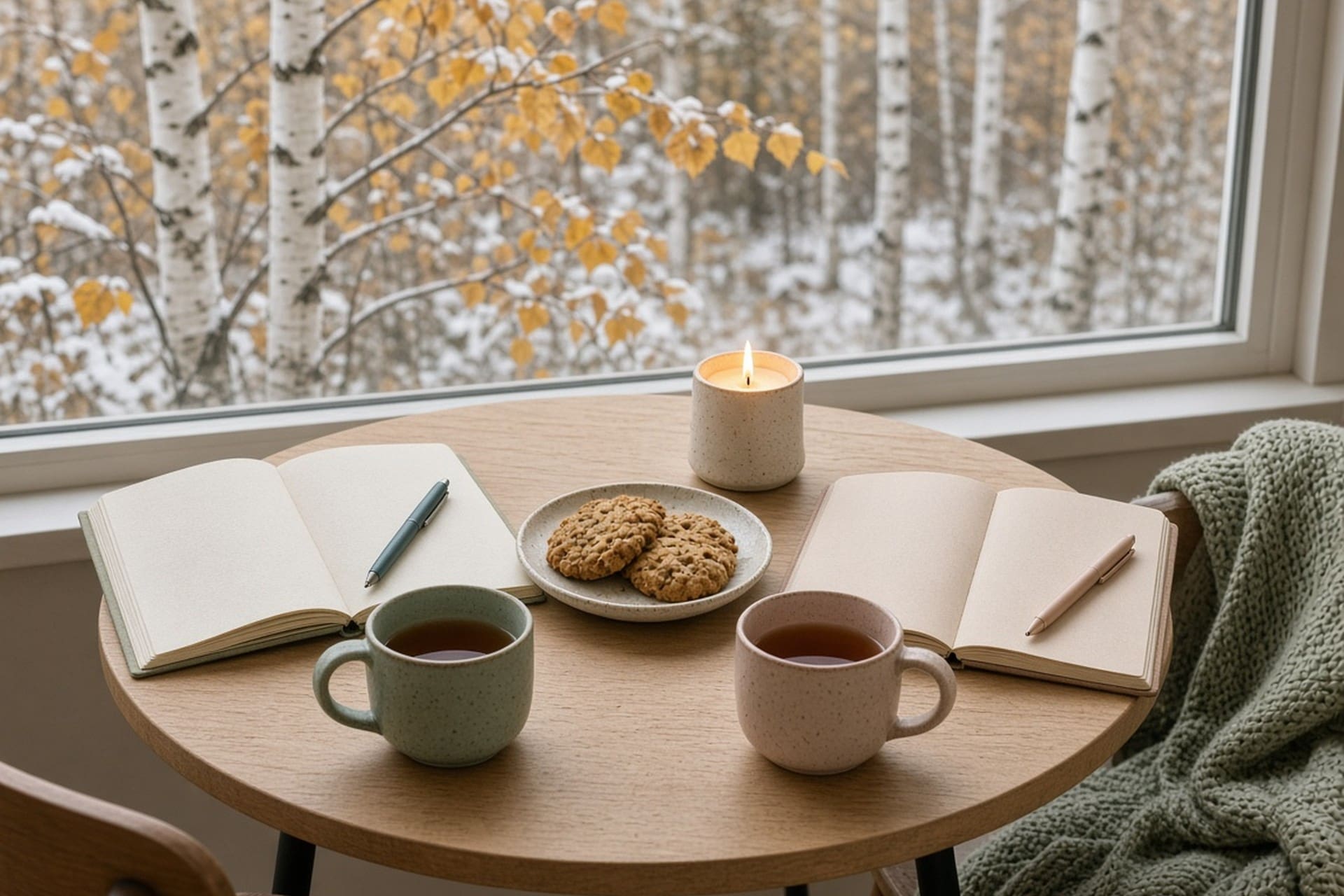Two mugs of tea and two open journals on a small table by a window with snowy birch trees, set for friends to read together